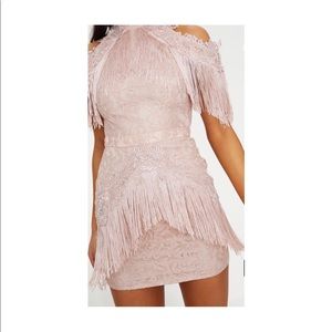 dusty pink cold shoulder lace tassel trim bodycon dress